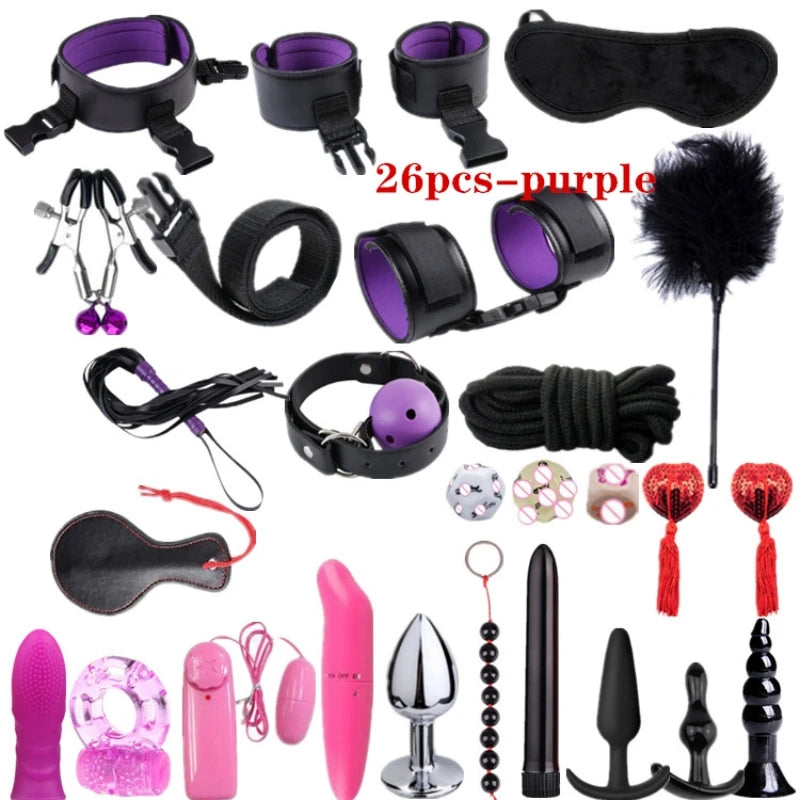14pcs New Leather Bundle Set Adult Sex Toy SM Set Sexy Handcuffs, Feet Cuffs, Eye Mask Storage Bag, Couple Game Accessories