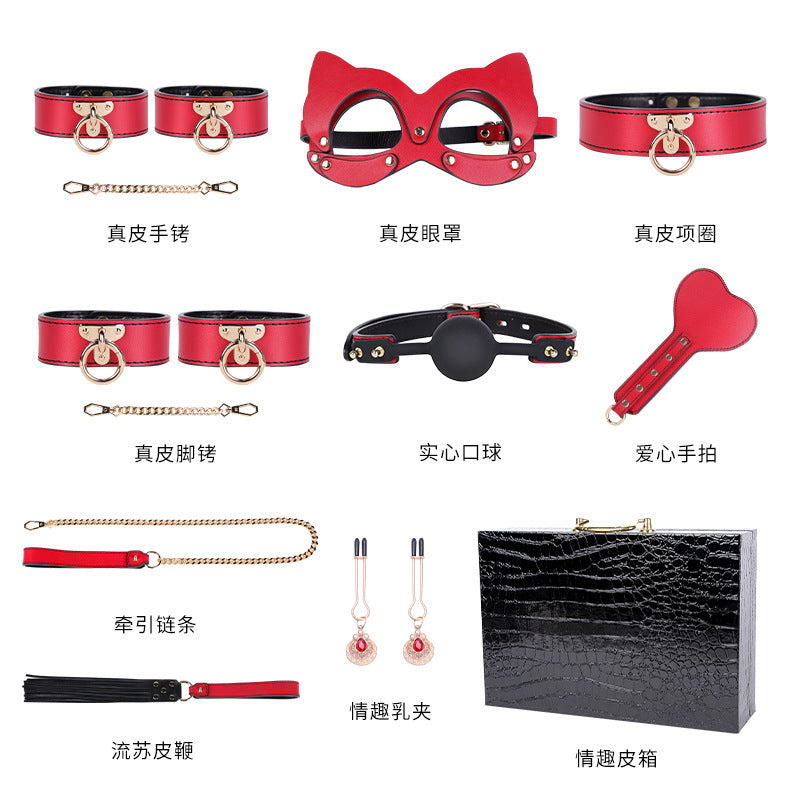 High-End Sm Sex Props Genuine Leather Eight-Piece Set Bondage Handcuffs Sex Collar Sexy Whip Manufacturer Wholesale