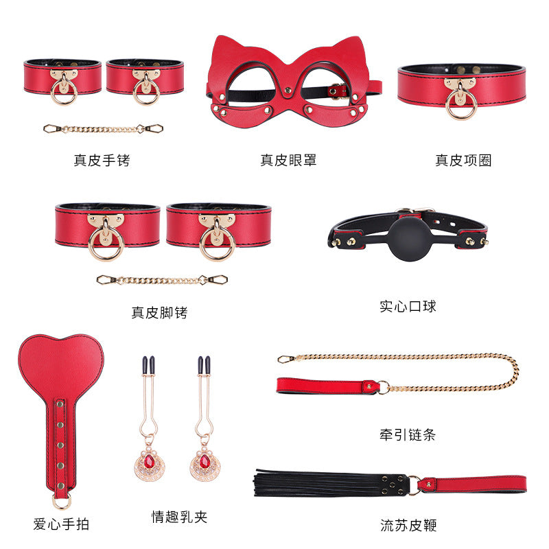 High-End Sm Sex Props Genuine Leather Eight-Piece Set Bondage Handcuffs Sex Collar Sexy Whip Manufacturer Wholesale