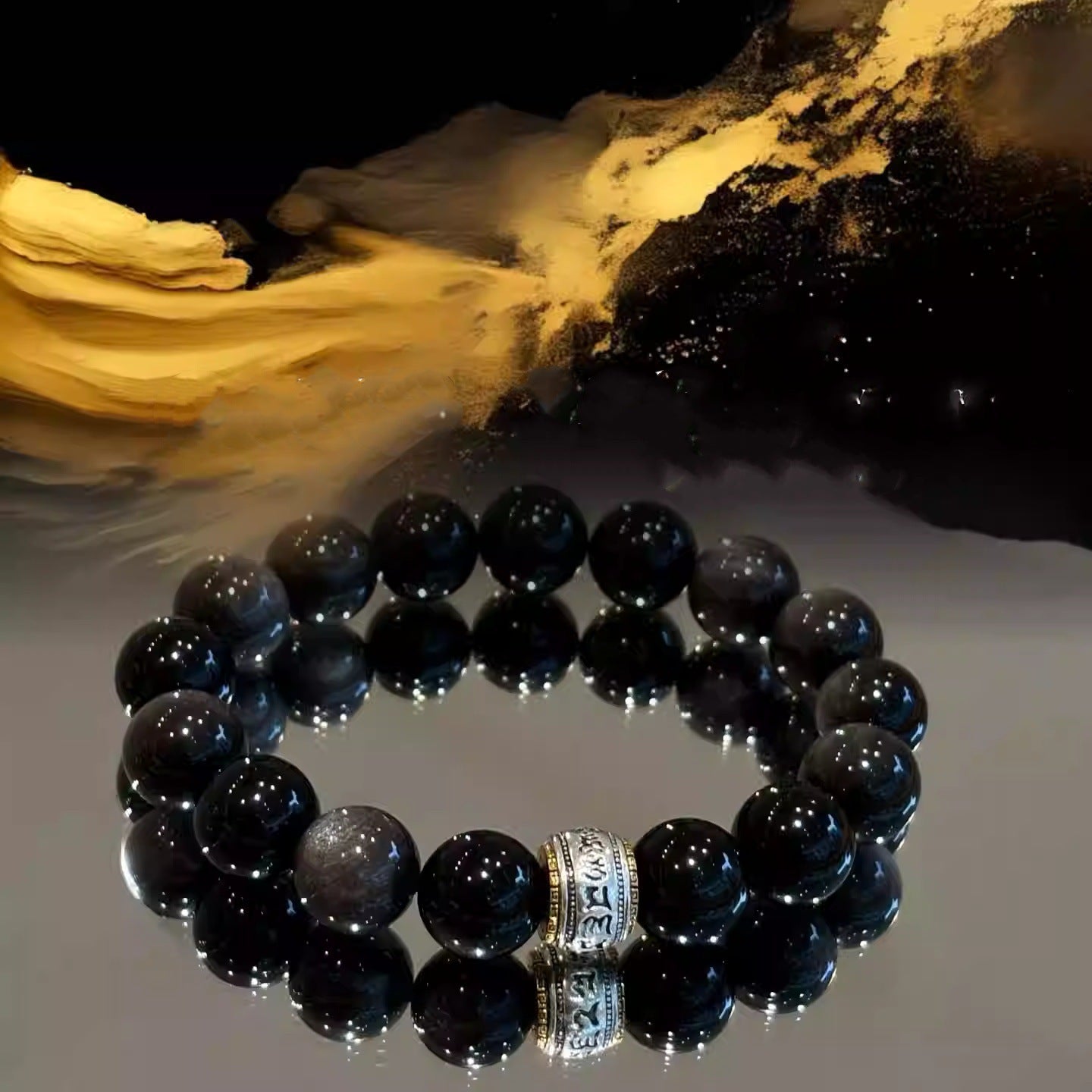 Natural Silver Obsidian Obsidian Six-Character Mantra Bracelet Couple Bracelet Jewelry Gift for Boyfriend Fashionable and Versatile