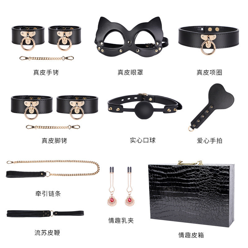 High-End Sm Sex Props Genuine Leather Eight-Piece Set Bondage Handcuffs Sex Collar Sexy Whip Manufacturer Wholesale
