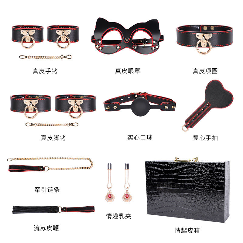 High-End Sm Sex Props Genuine Leather Eight-Piece Set Bondage Handcuffs Sex Collar Sexy Whip Manufacturer Wholesale