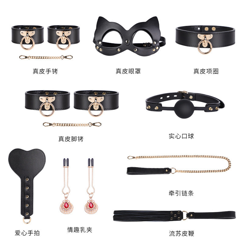 High-End Sm Sex Props Genuine Leather Eight-Piece Set Bondage Handcuffs Sex Collar Sexy Whip Manufacturer Wholesale