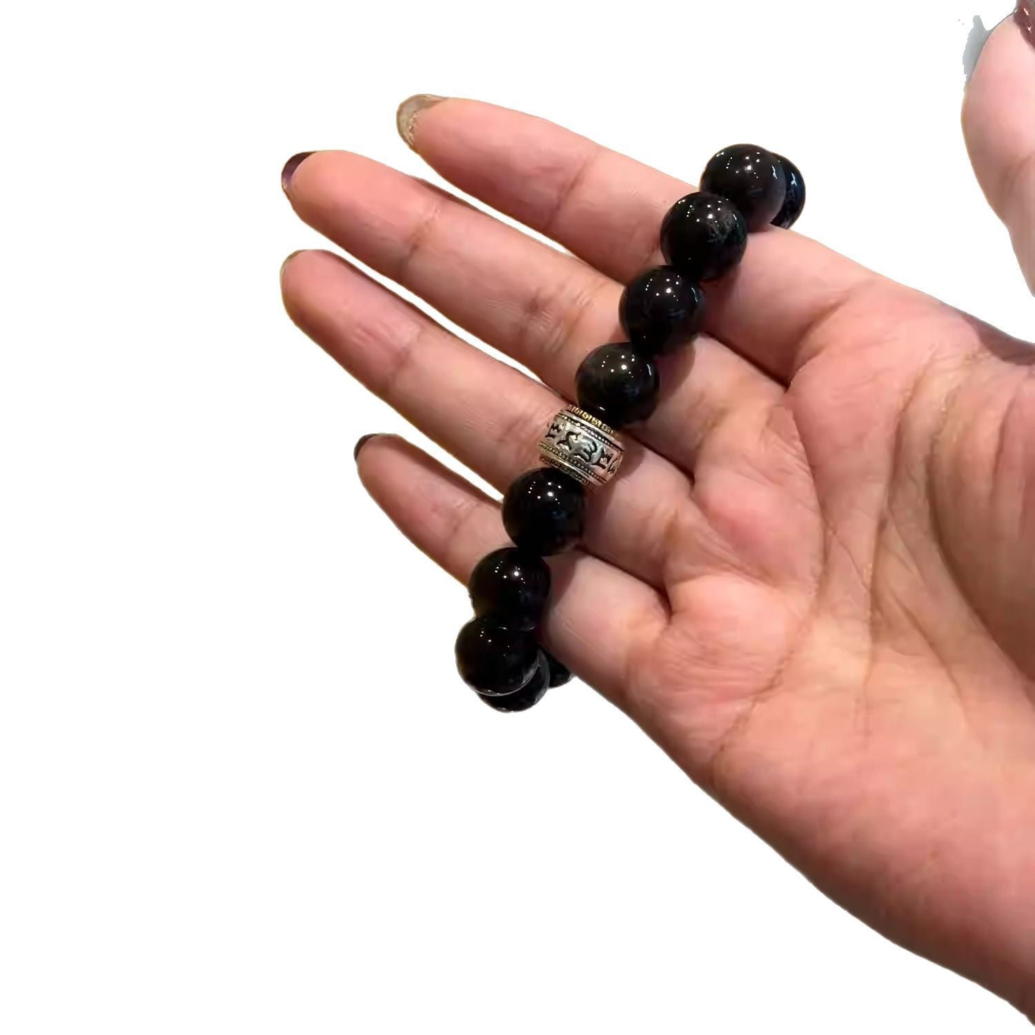 Natural Silver Obsidian Obsidian Six-Character Mantra Bracelet Couple Bracelet Jewelry Gift for Boyfriend Fashionable and Versatile
