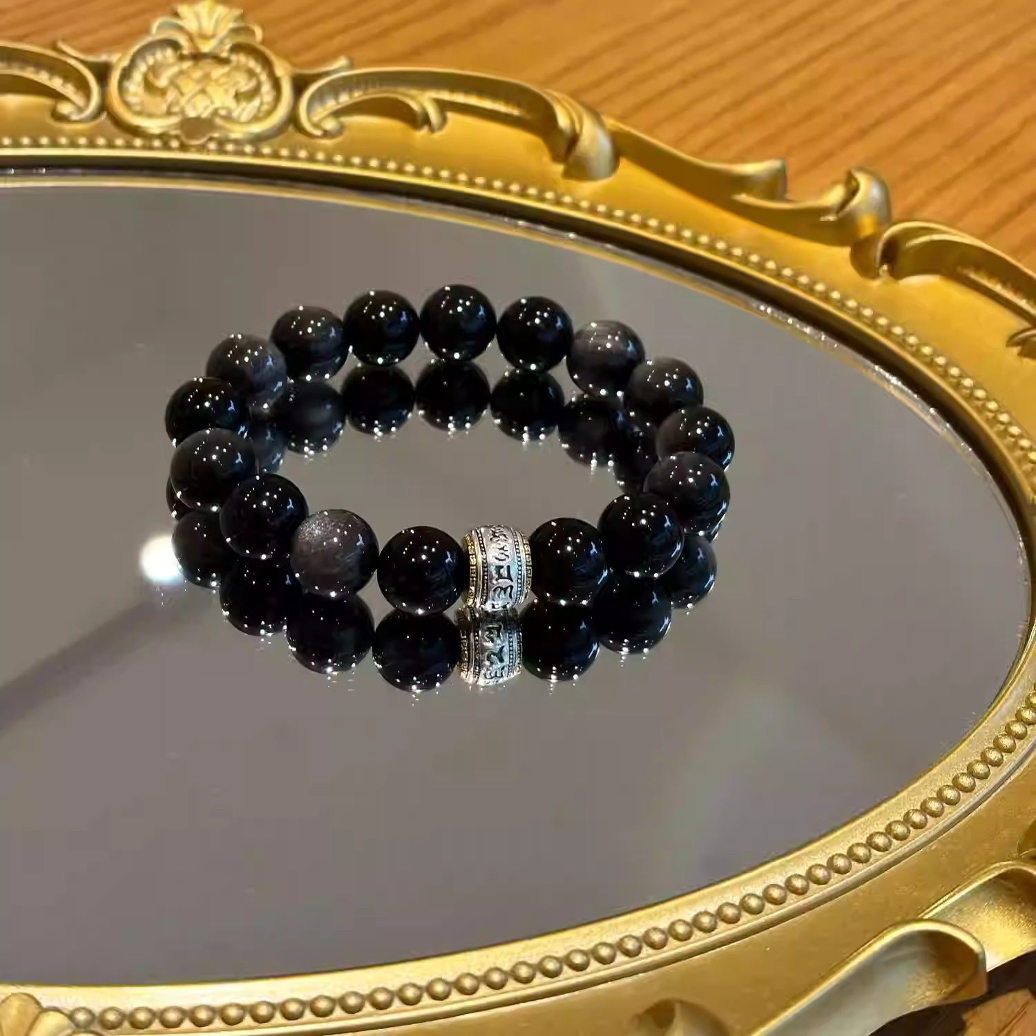 Natural Silver Obsidian Obsidian Six-Character Mantra Bracelet Couple Bracelet Jewelry Gift for Boyfriend Fashionable and Versatile
