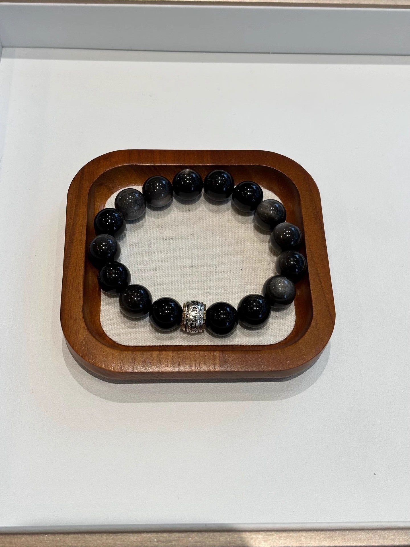 Natural Silver Obsidian Obsidian Six-Character Mantra Bracelet Couple Bracelet Jewelry Gift for Boyfriend Fashionable and Versatile