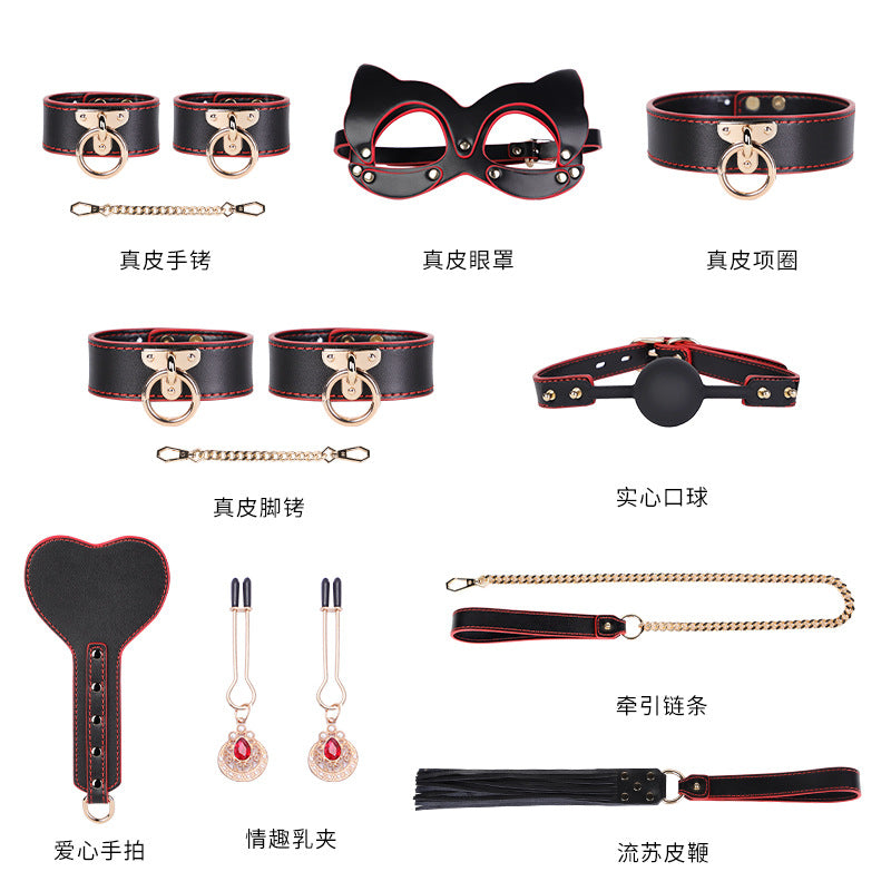 High-End Sm Sex Props Genuine Leather Eight-Piece Set Bondage Handcuffs Sex Collar Sexy Whip Manufacturer Wholesale