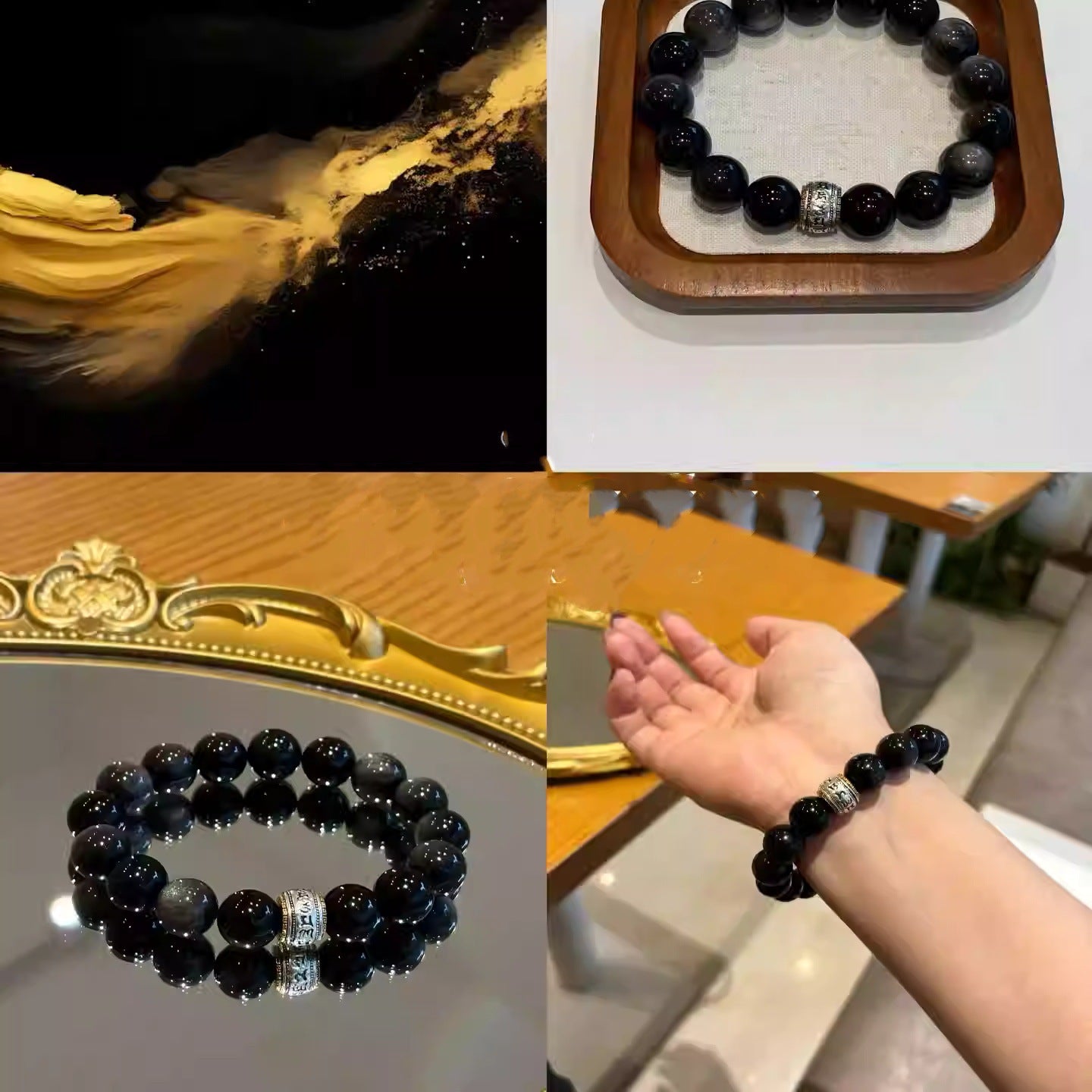 Natural Silver Obsidian Obsidian Six-Character Mantra Bracelet Couple Bracelet Jewelry Gift for Boyfriend Fashionable and Versatile