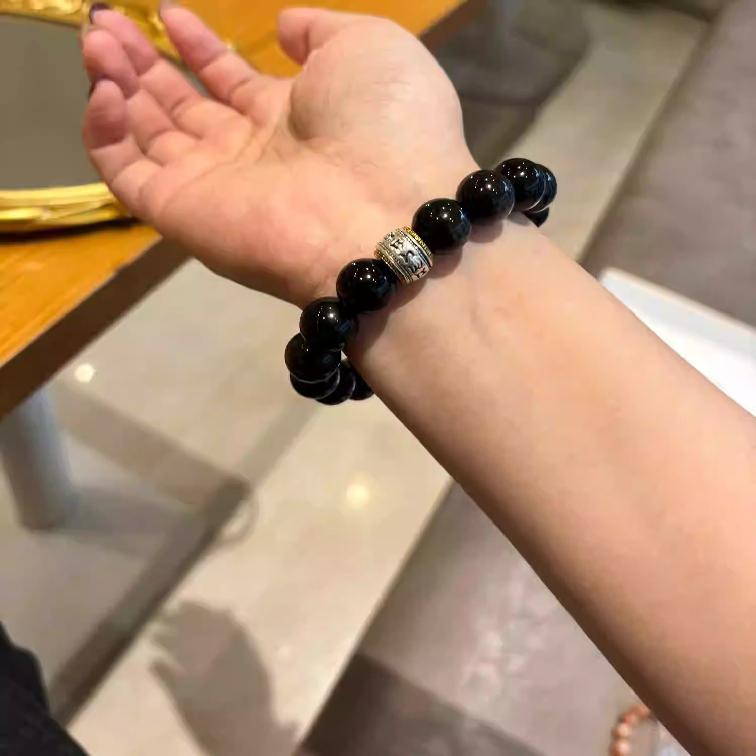 Natural Silver Obsidian Obsidian Six-Character Mantra Bracelet Couple Bracelet Jewelry Gift for Boyfriend Fashionable and Versatile