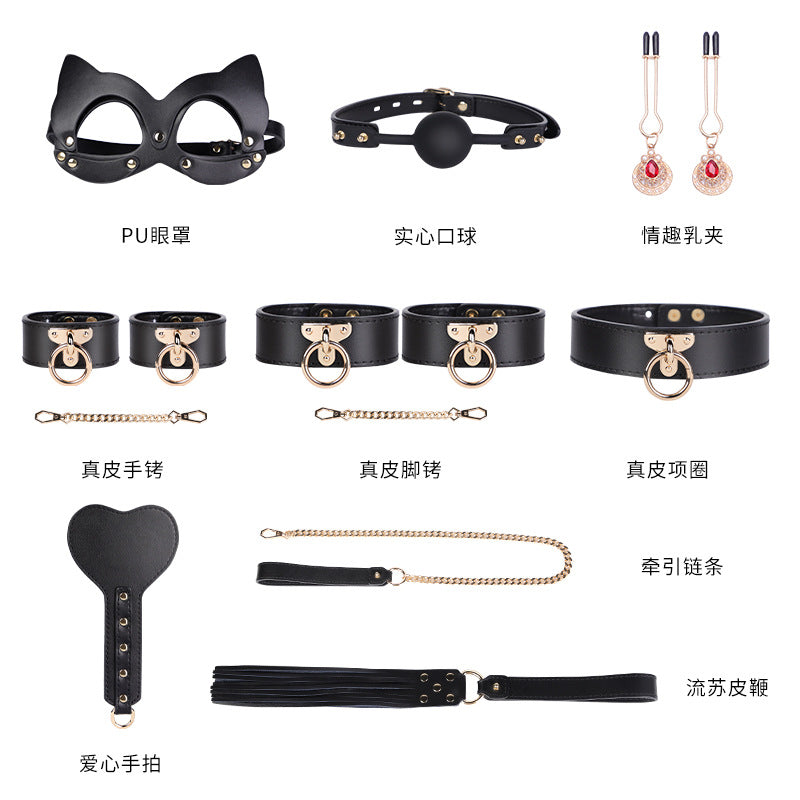 High-End Sm Sex Props Genuine Leather Eight-Piece Set Bondage Handcuffs Sex Collar Sexy Whip Manufacturer Wholesale