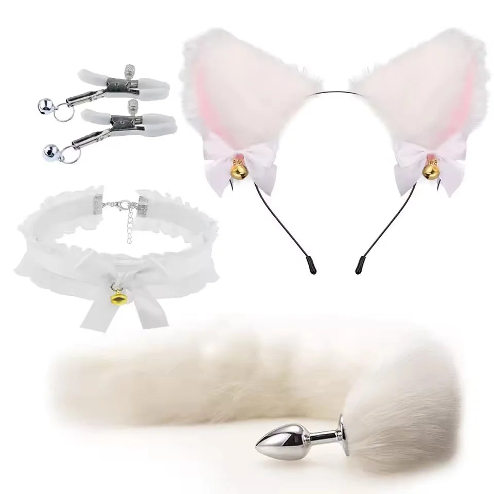 Cute Fox Tail Anal Plug Bow-Knot Soft Cat Ears Headbands Collar Erotic Cosplay  SM Sex Toys for Female Male