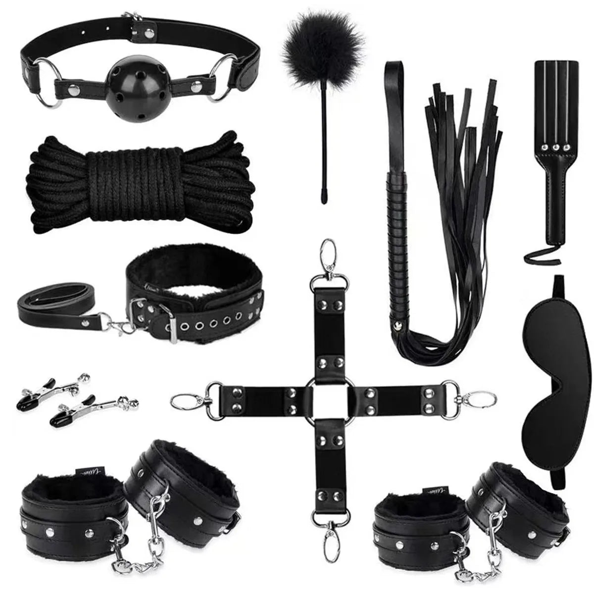 14pcs New Leather Bundle Set Adult Sex Toy SM Set Sexy Handcuffs, Feet Cuffs, Eye Mask Storage Bag, Couple Game Accessories
