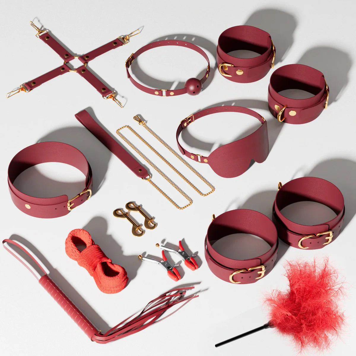 14pcs New Leather Bundle Set Adult Sex Toy SM Set Sexy Handcuffs, Feet Cuffs, Eye Mask Storage Bag, Couple Game Accessories