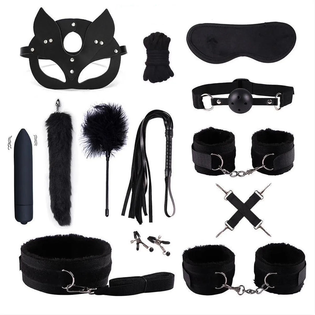 14pcs New Leather Bundle Set Adult Sex Toy SM Set Sexy Handcuffs, Feet Cuffs, Eye Mask Storage Bag, Couple Game Accessories
