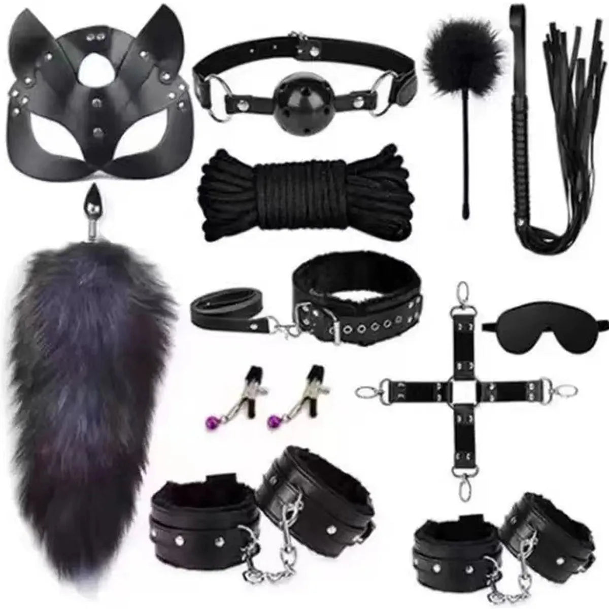 14pcs New Leather Bundle Set Adult Sex Toy SM Set Sexy Handcuffs, Feet Cuffs, Eye Mask Storage Bag, Couple Game Accessories