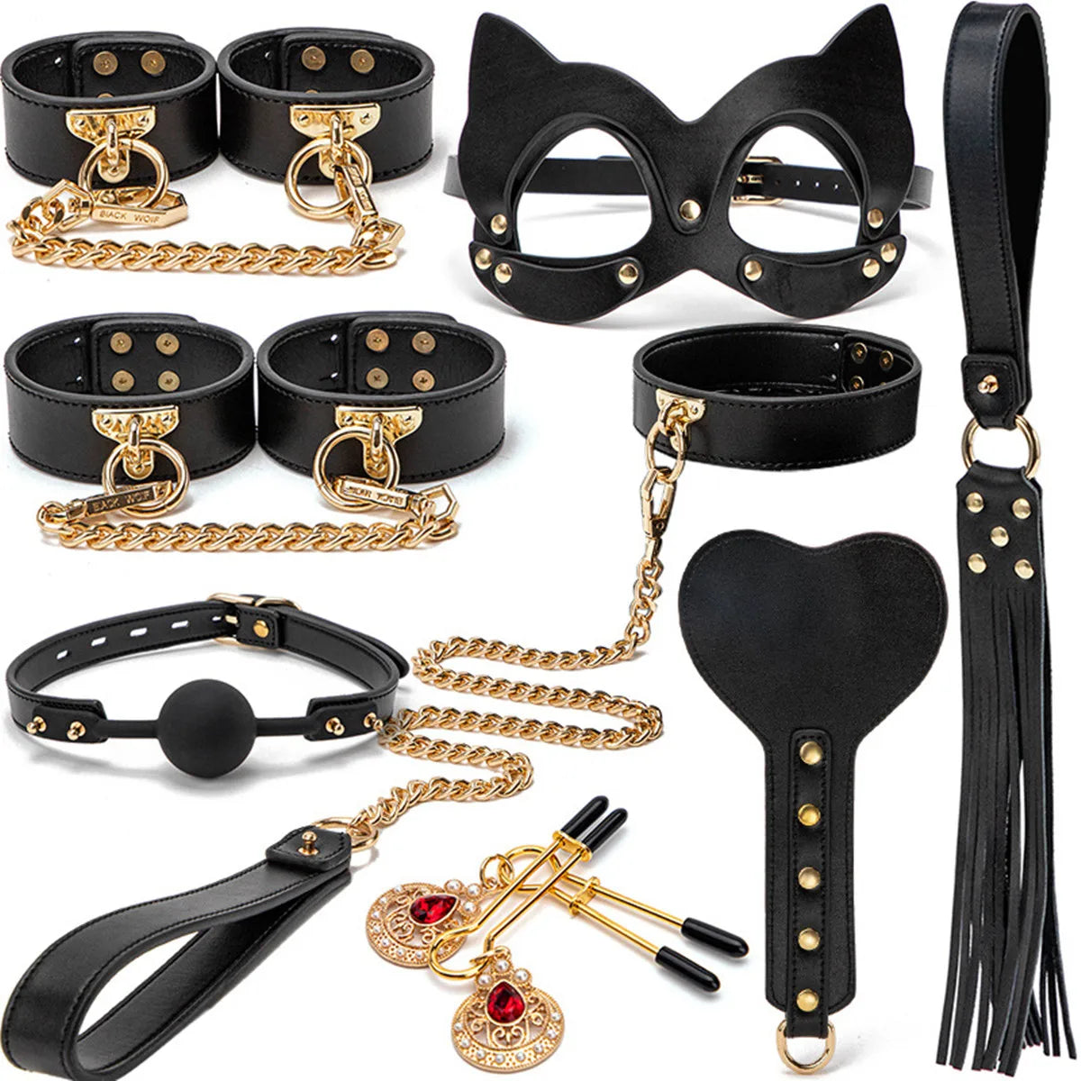 14pcs New Leather Bundle Set Adult Sex Toy SM Set Sexy Handcuffs, Feet Cuffs, Eye Mask Storage Bag, Couple Game Accessories