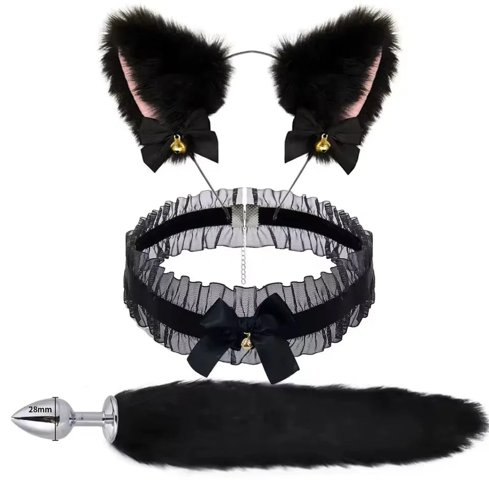 Cute Fox Tail Anal Plug Bow-Knot Soft Cat Ears Headbands Collar Erotic Cosplay  SM Sex Toys for Female Male