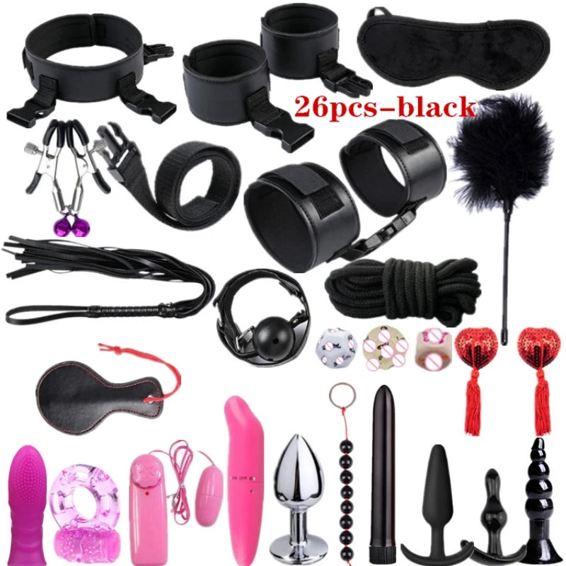 14pcs New Leather Bundle Set Adult Sex Toy SM Set Sexy Handcuffs, Feet Cuffs, Eye Mask Storage Bag, Couple Game Accessories