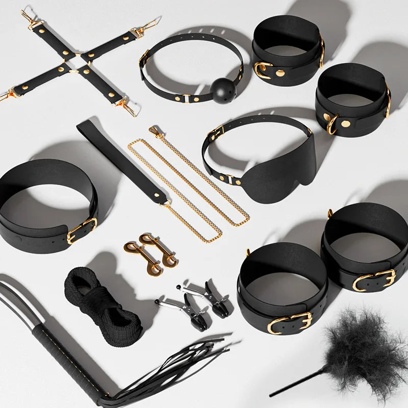 14pcs New Leather Bundle Set Adult Sex Toy SM Set Sexy Handcuffs, Feet Cuffs, Eye Mask Storage Bag, Couple Game Accessories