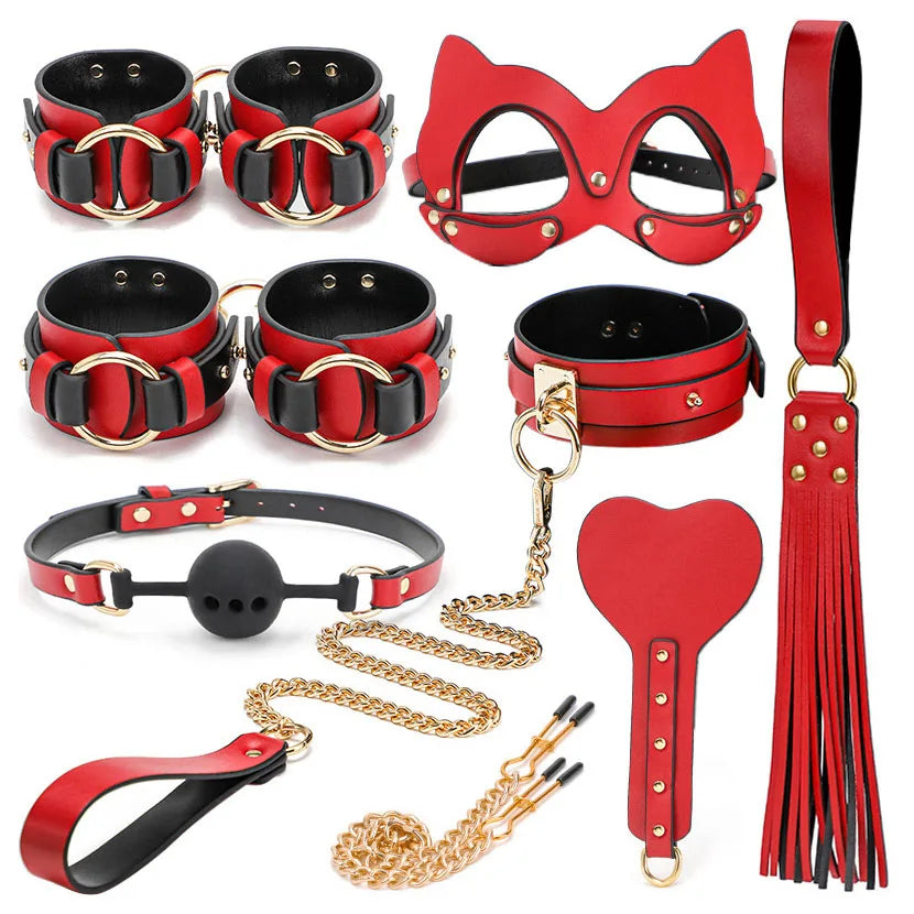 14pcs New Leather Bundle Set Adult Sex Toy SM Set Sexy Handcuffs, Feet Cuffs, Eye Mask Storage Bag, Couple Game Accessories