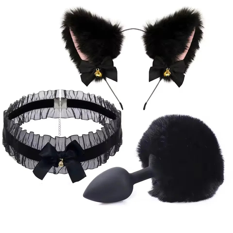 Cute Fox Tail Anal Plug Bow-Knot Soft Cat Ears Headbands Collar Erotic Cosplay  SM Sex Toys for Female Male