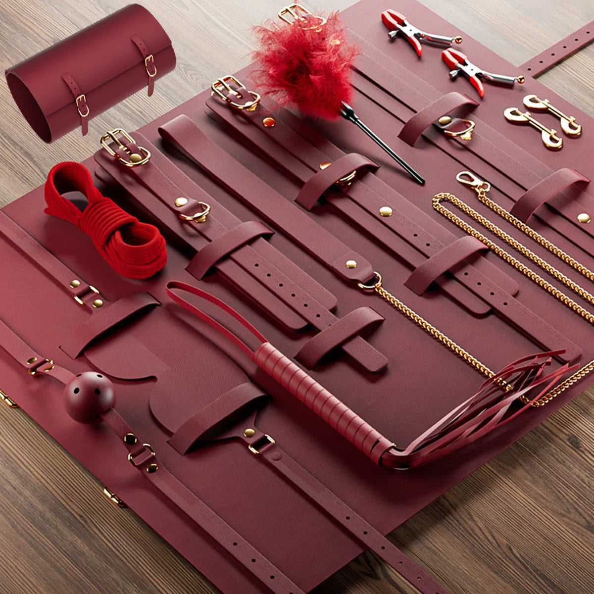 14pcs New Leather Bundle Set Adult Sex Toy SM Set Sexy Handcuffs, Feet Cuffs, Eye Mask Storage Bag, Couple Game Accessories