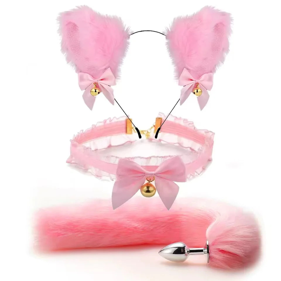 Cute Fox Tail Anal Plug Bow-Knot Soft Cat Ears Headbands Collar Erotic Cosplay  SM Sex Toys for Female Male