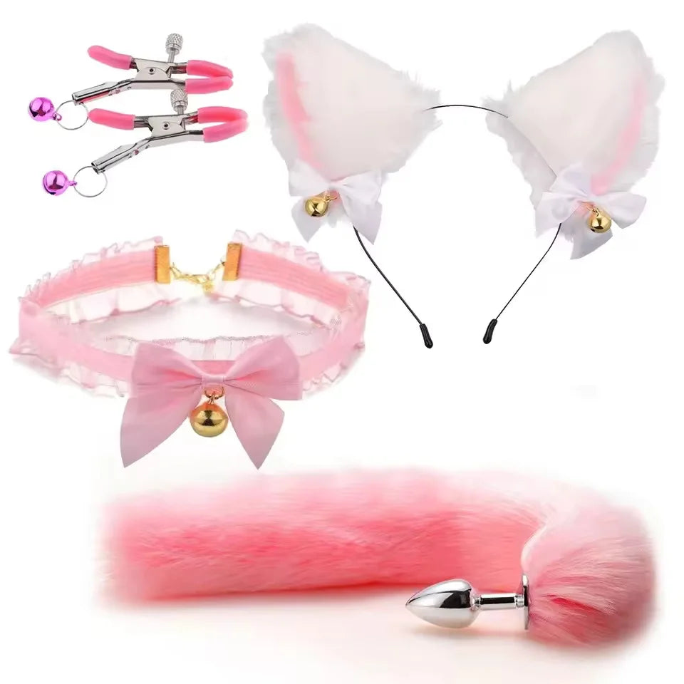 Cute Fox Tail Anal Plug Bow-Knot Soft Cat Ears Headbands Collar Erotic Cosplay  SM Sex Toys for Female Male