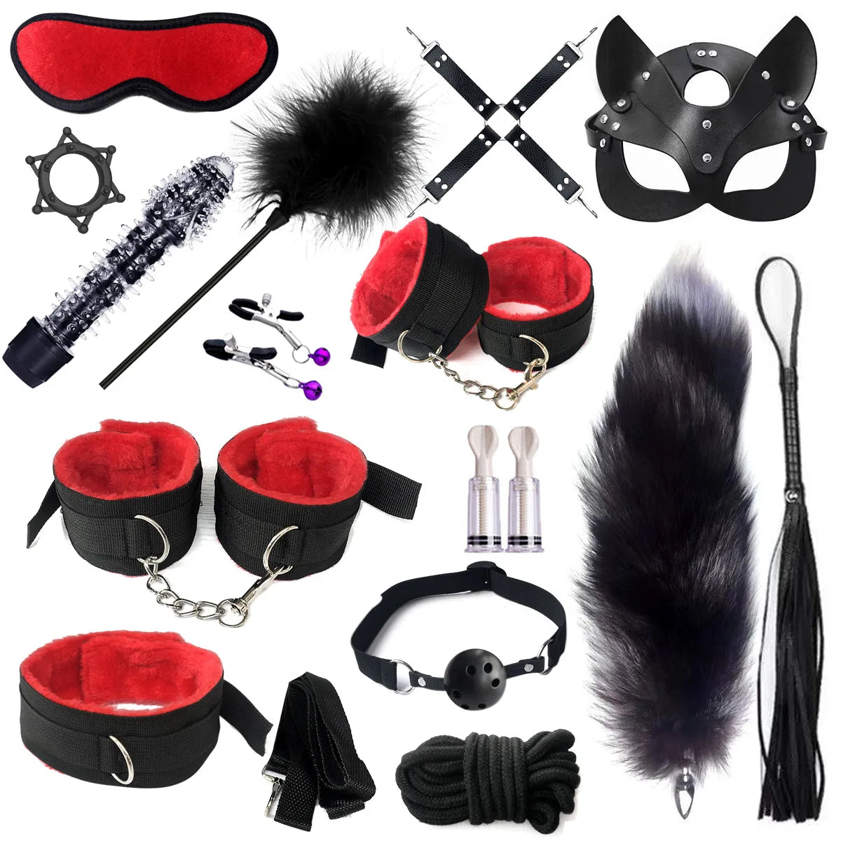 14pcs New Leather Bundle Set Adult Sex Toy SM Set Sexy Handcuffs, Feet Cuffs, Eye Mask Storage Bag, Couple Game Accessories